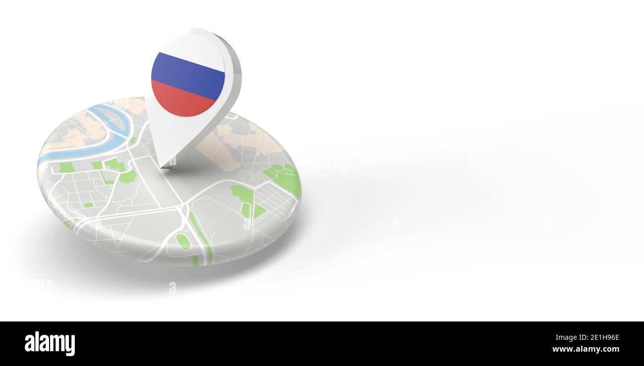 Ein 3D-gerenderter Locator für Länderkarten, der auf ein Ziel auf einer flachen, abgerundeten kleinen Karte zeigt. Das Symbol hat die russische Flagge. Die Abbildung ist isoliert Stockfoto