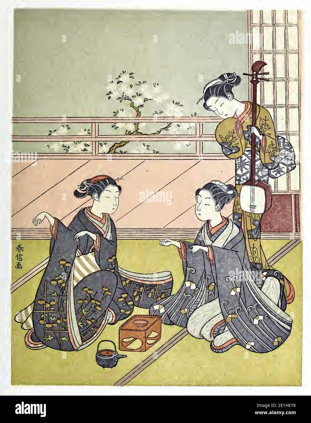 Vintage japanischen Druck mit dem Titel Girls Playing the Game Ken by Harunobu Stockfoto