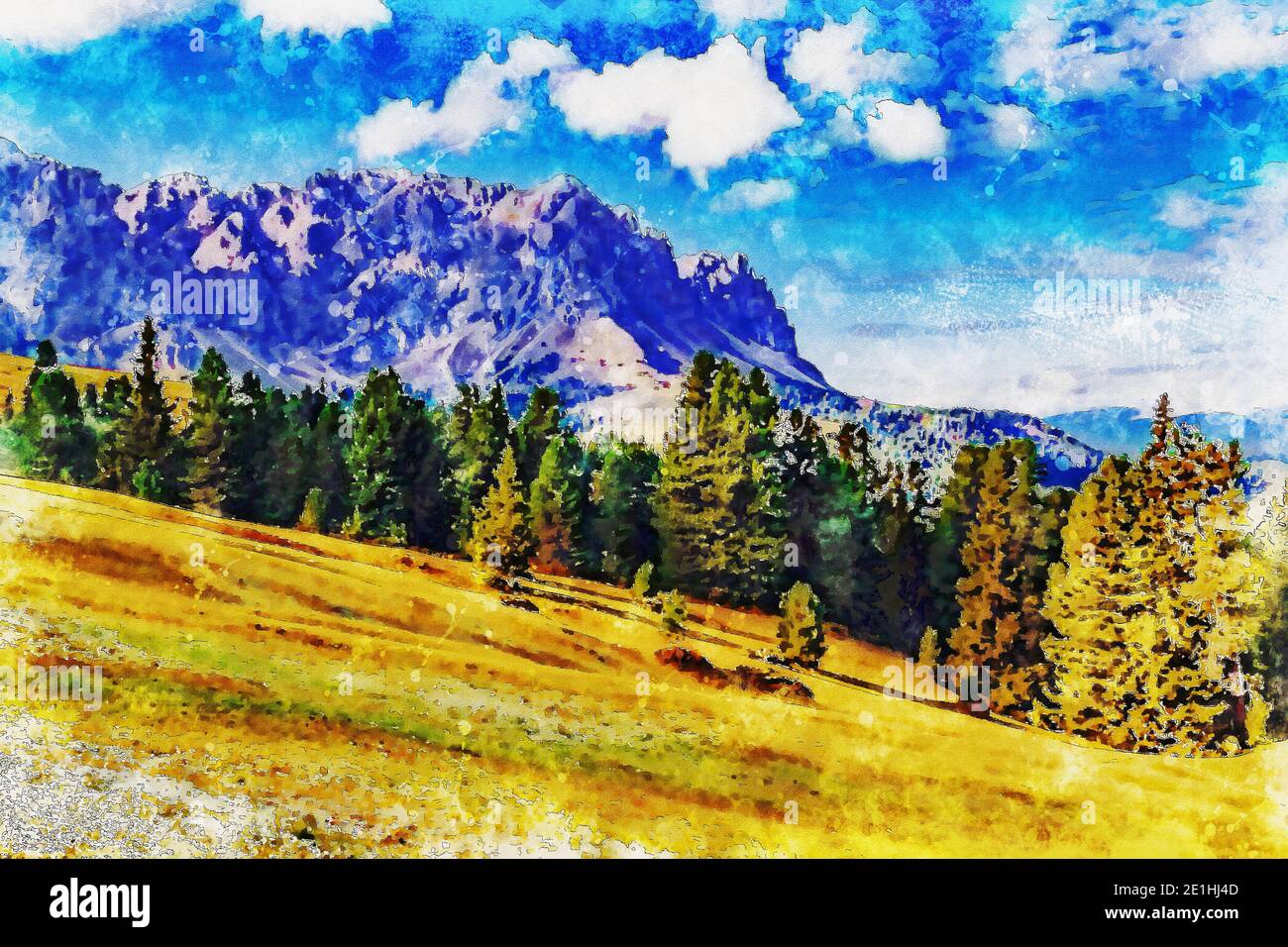 Landschaft in einer Bergkette und Wälder in den Dolomiten, Italien. Ölgemälde Stil Illustration Stockfoto