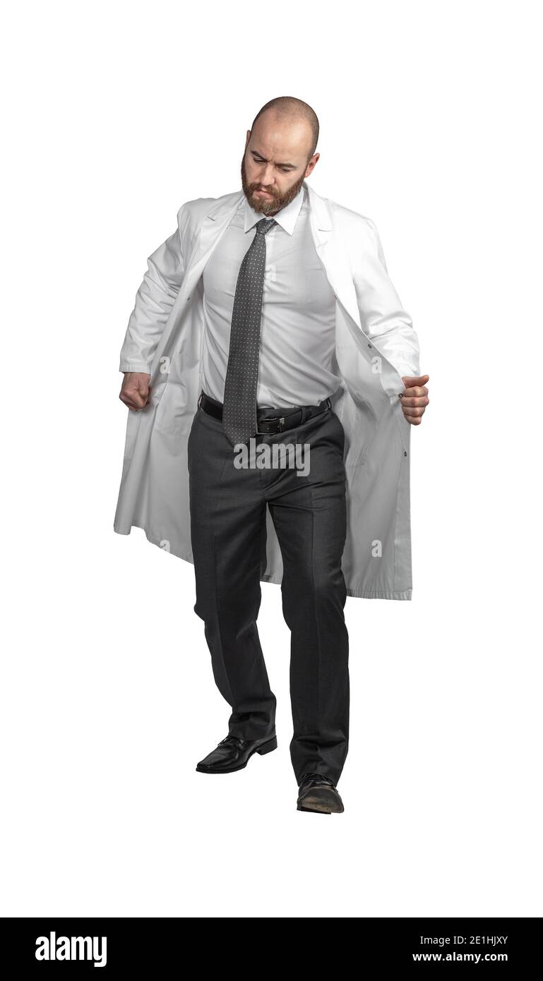 Doktor mit einem dejected Ausdruck zieht sein Fell aus. Isoliert auf weiß. Stockfoto