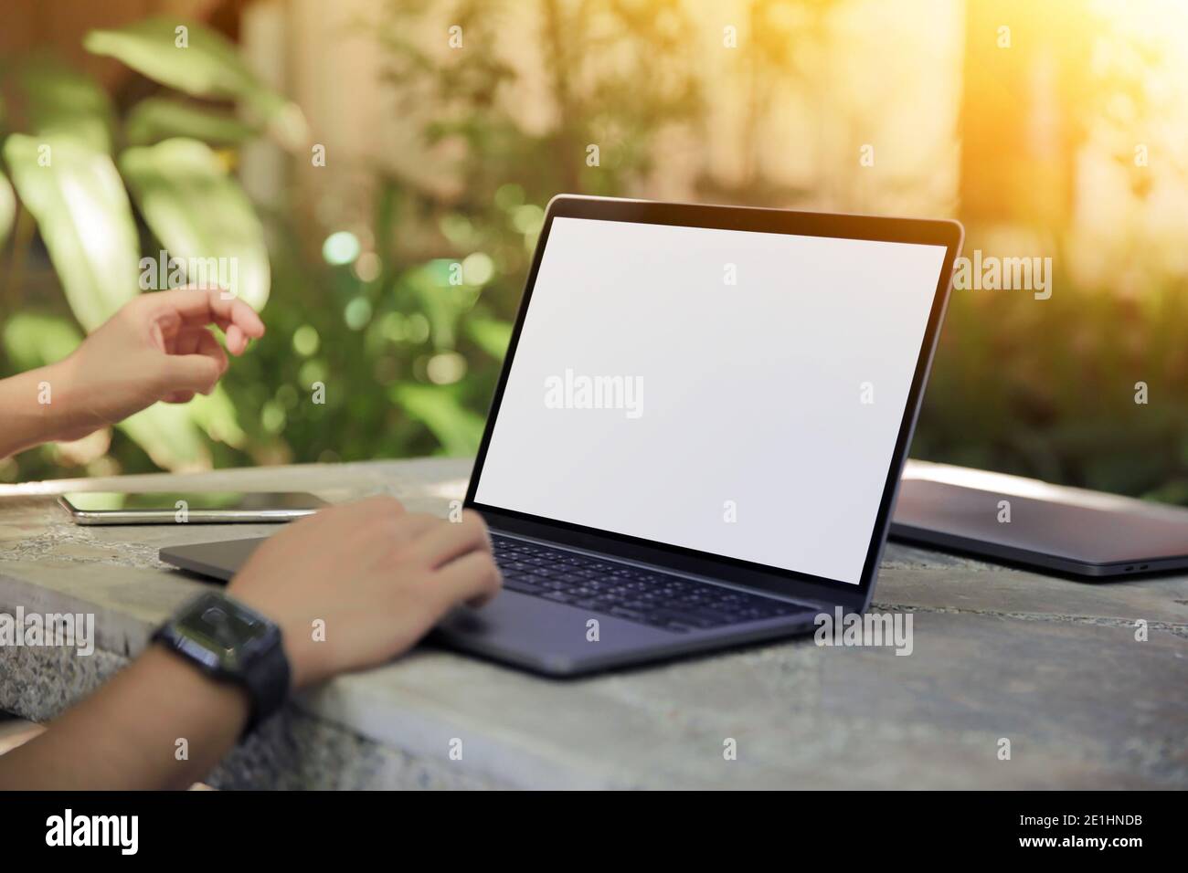 Zugeschnittenes Bild eines jungen Mannes, der in einem Garten an seinem Laptop arbeitet, Rückansicht der Hände eines Geschäftsmanns, der am Büroschreibtisch mit dem Laptop beschäftigt ist und auf Computern tippt Stockfoto