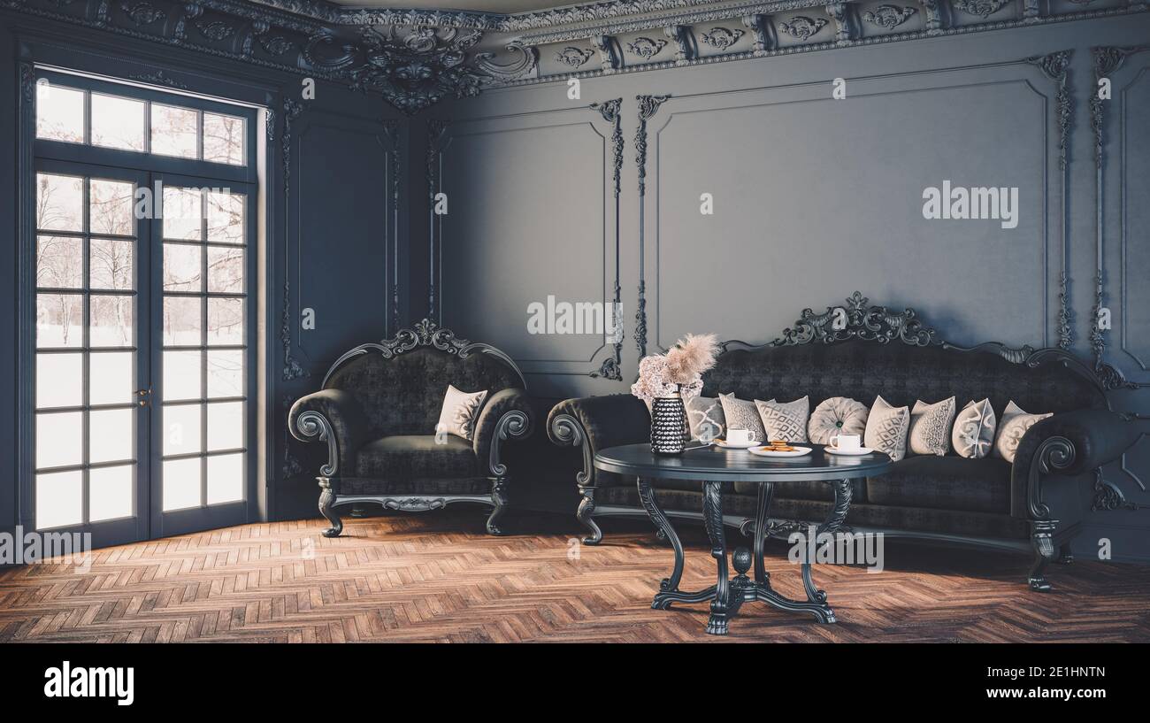 Moderne Innenarchitektur im Haus, Büro, Innenausstattungen, weiche dunkle Möbel vor dem Hintergrund einer dunklen klassischen Wand. Stockfoto