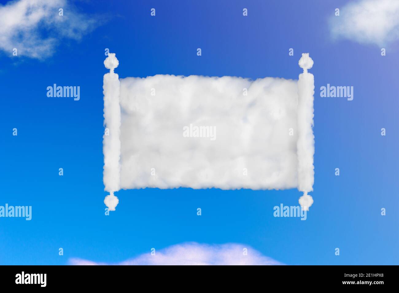 Geöffnete Rolle von Papyrus Form der Wolke auf blauem Himmel. Stockfoto