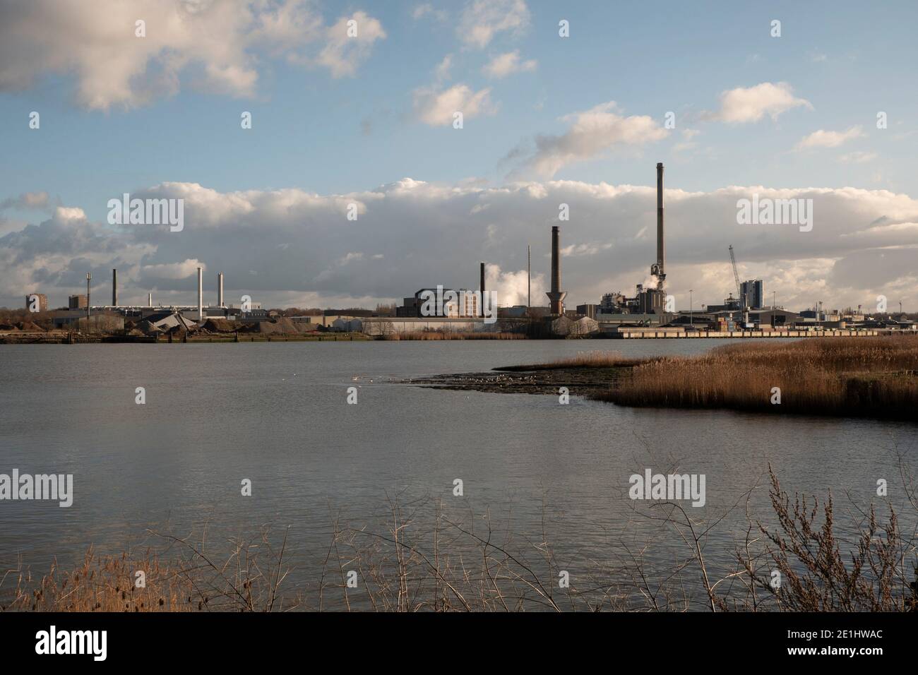 Kruibeke, Belgien 25. Dezember 2020, Industrie- und Containerentladestelle am Ufer der Schelde in Hoboken, Belgien Stockfoto
