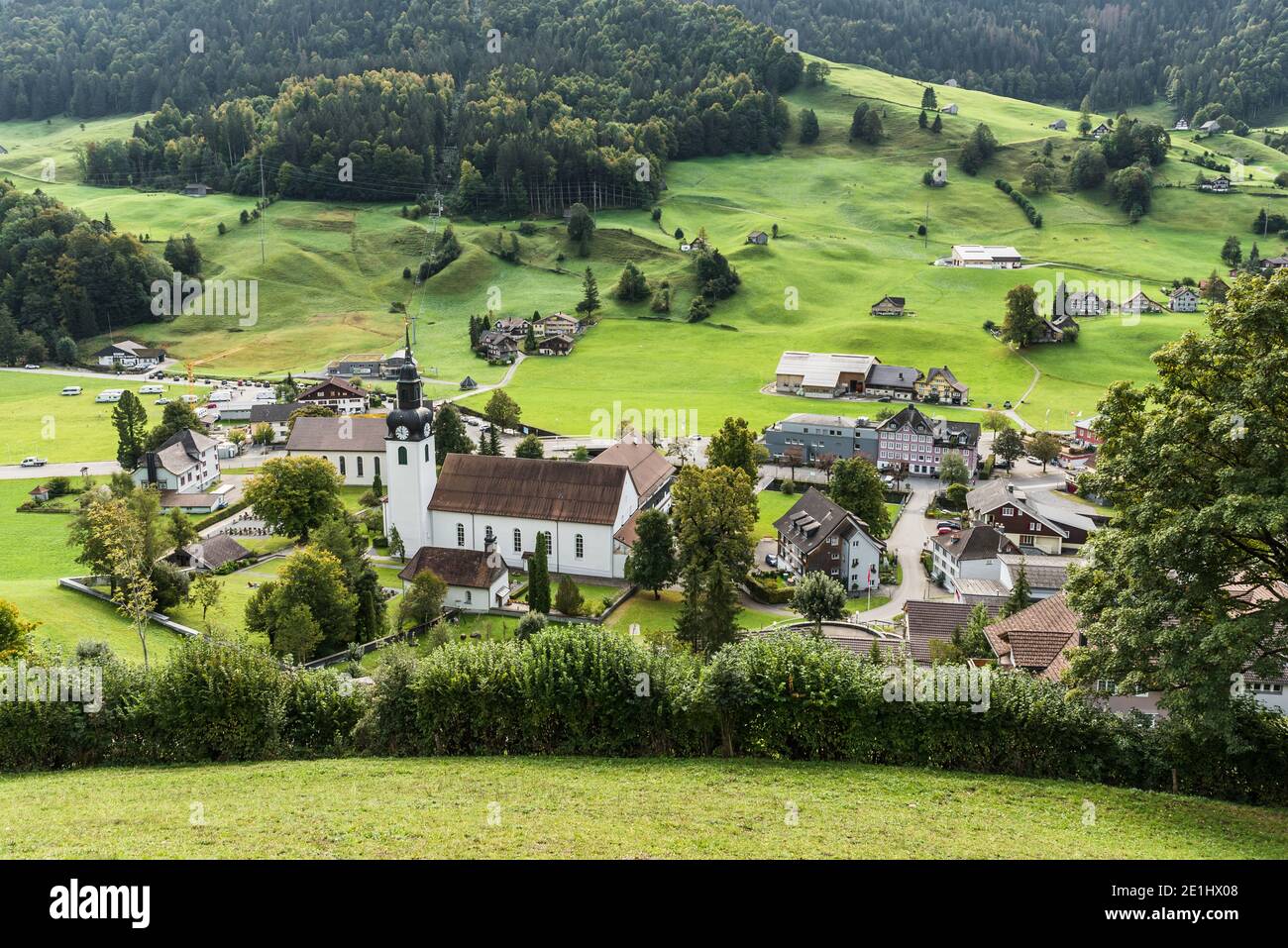 Blick auf das Dorf Wildhaus-Alt Sankt Johann, Toggenburg, Kanton St. Gallen, Schweiz Stockfoto