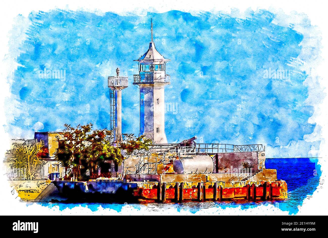 Der Leuchtturm am Eingang zur Bucht von Jalta. Krim, Russland. Aquarell-Stil Illustration. Stockfoto