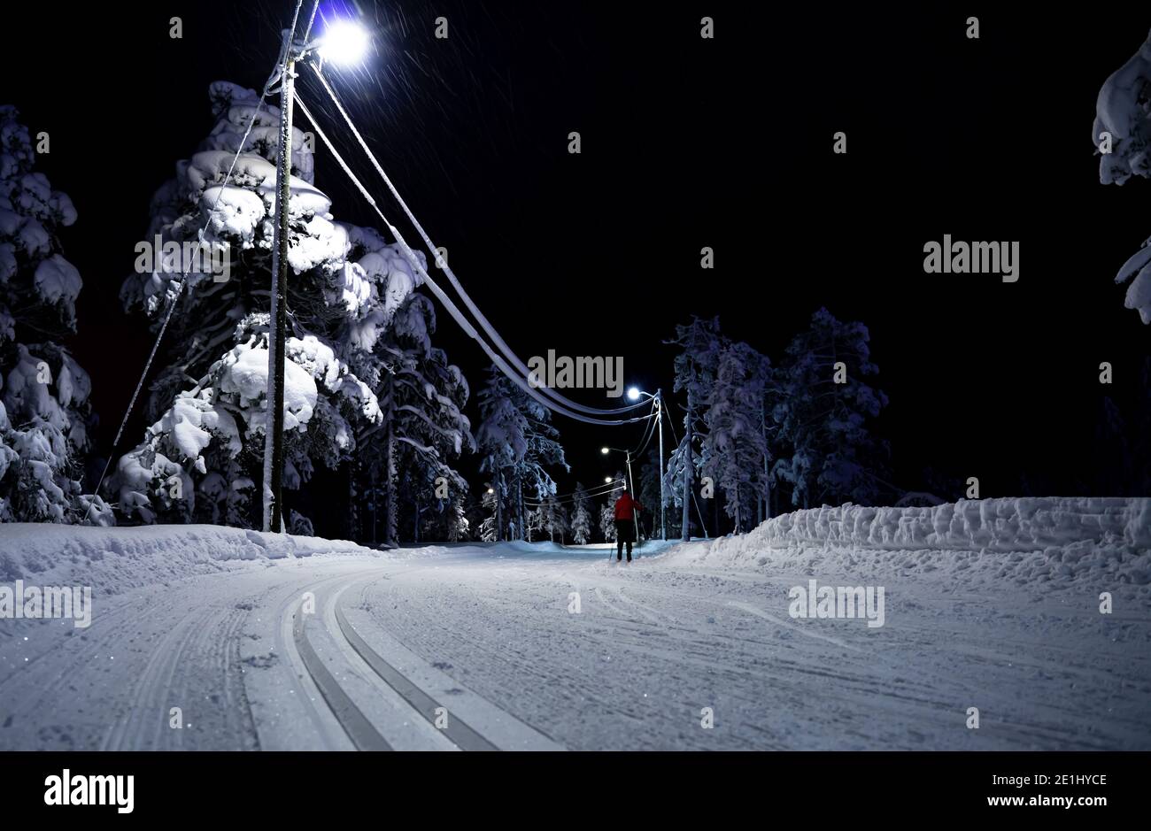 Person, die nachts auf einer Langlaufstrecke durch einen idyllischen, beleuchteten Wald fährt. Stockfoto