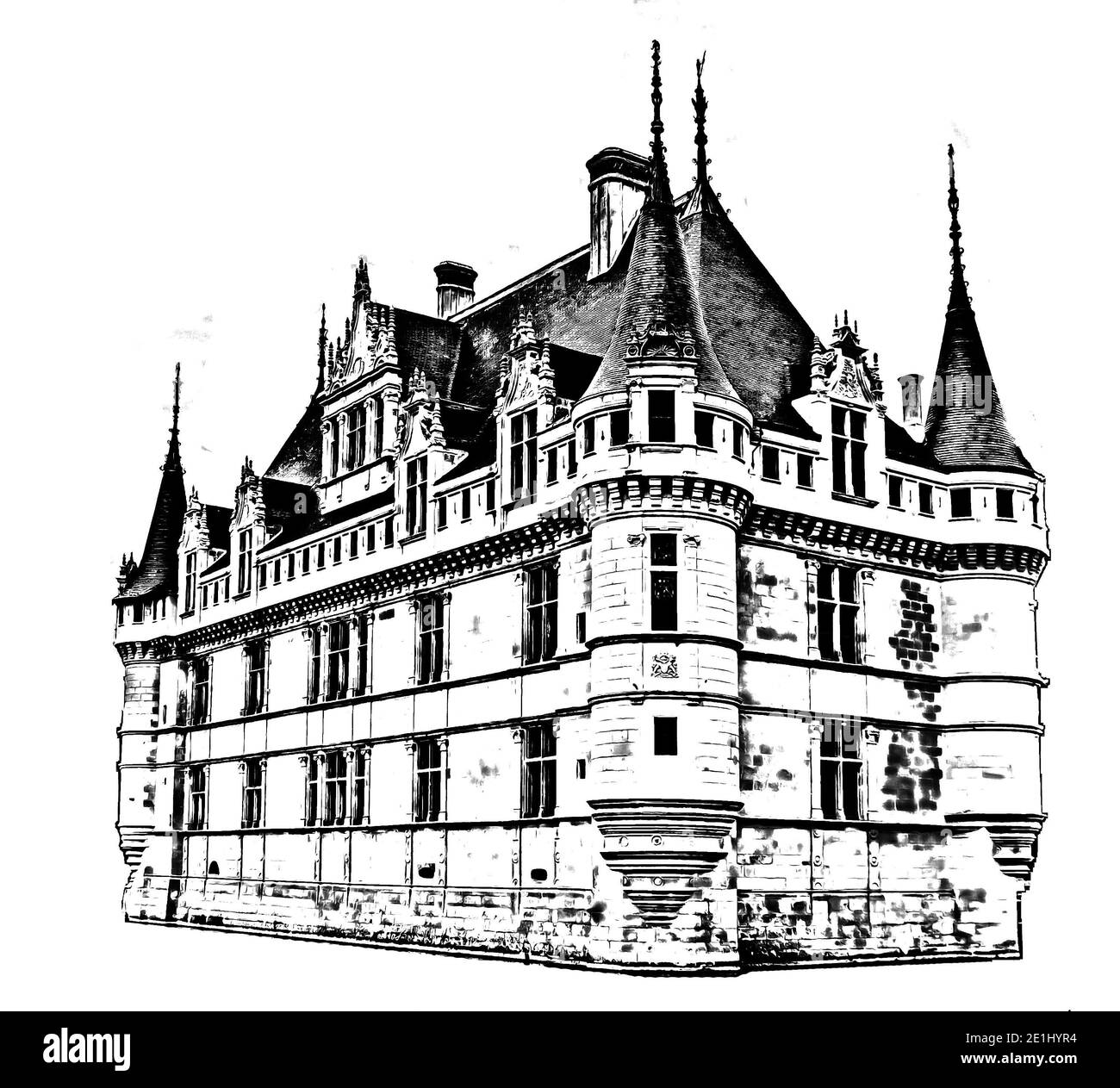 Grafisches Schloss Azay le Rideau (Schloss von Azay le Rideau) auf weißem Hintergrund, Indre et Loire, Loire-Tal, Frankreich. Bleistiftzeichnung. Stockfoto