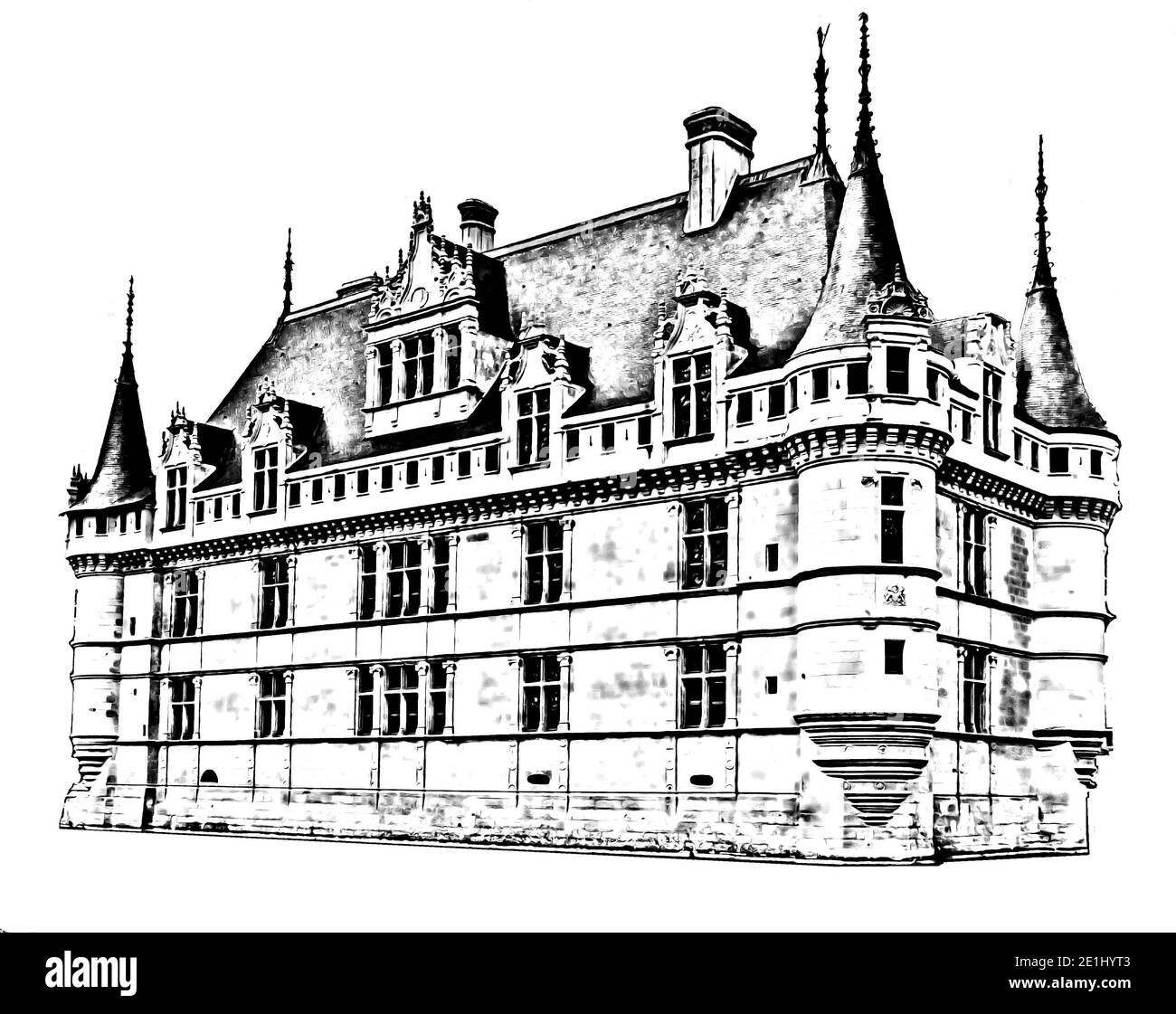 Grafisches Schloss Azay le Rideau (Schloss von Azay le Rideau) auf weißem Hintergrund, Indre et Loire, Loire-Tal, Frankreich. Bleistiftzeichnung. Stockfoto