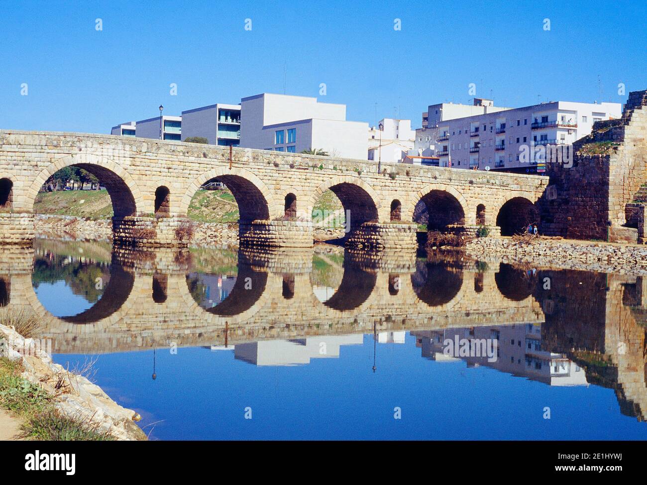 Römische Brücke. Merida. Badajoz Provinz, Extremadura, Spanien. Stockfoto