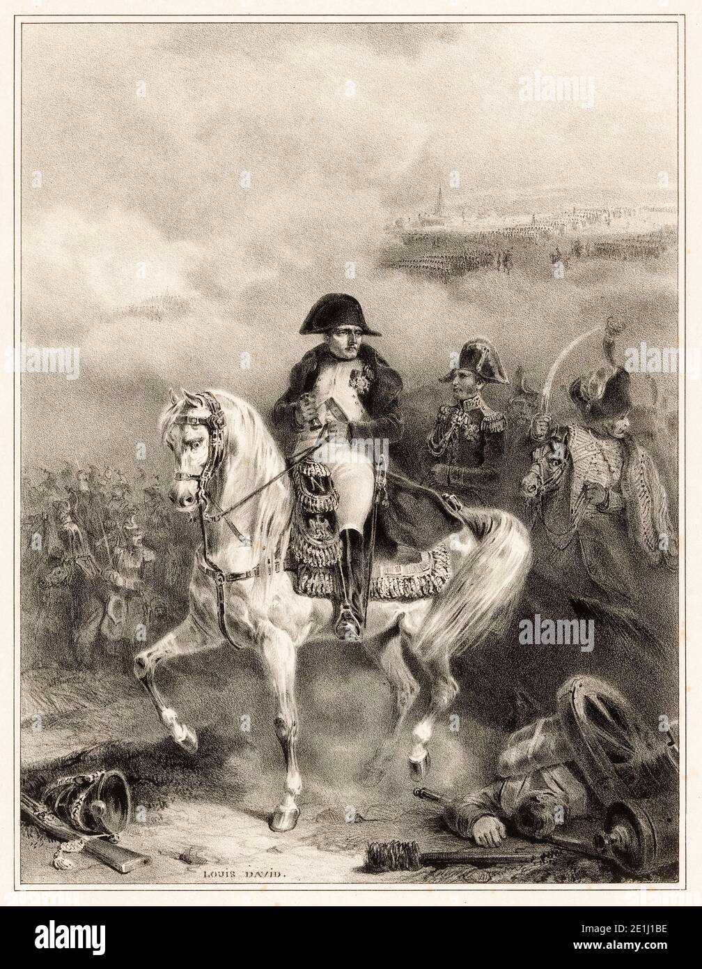 Napoleon Bonaparte I zu Pferd auf dem Schlachtfeld, Reiterportrait von Jacques-Louis David, 1853 Stockfoto