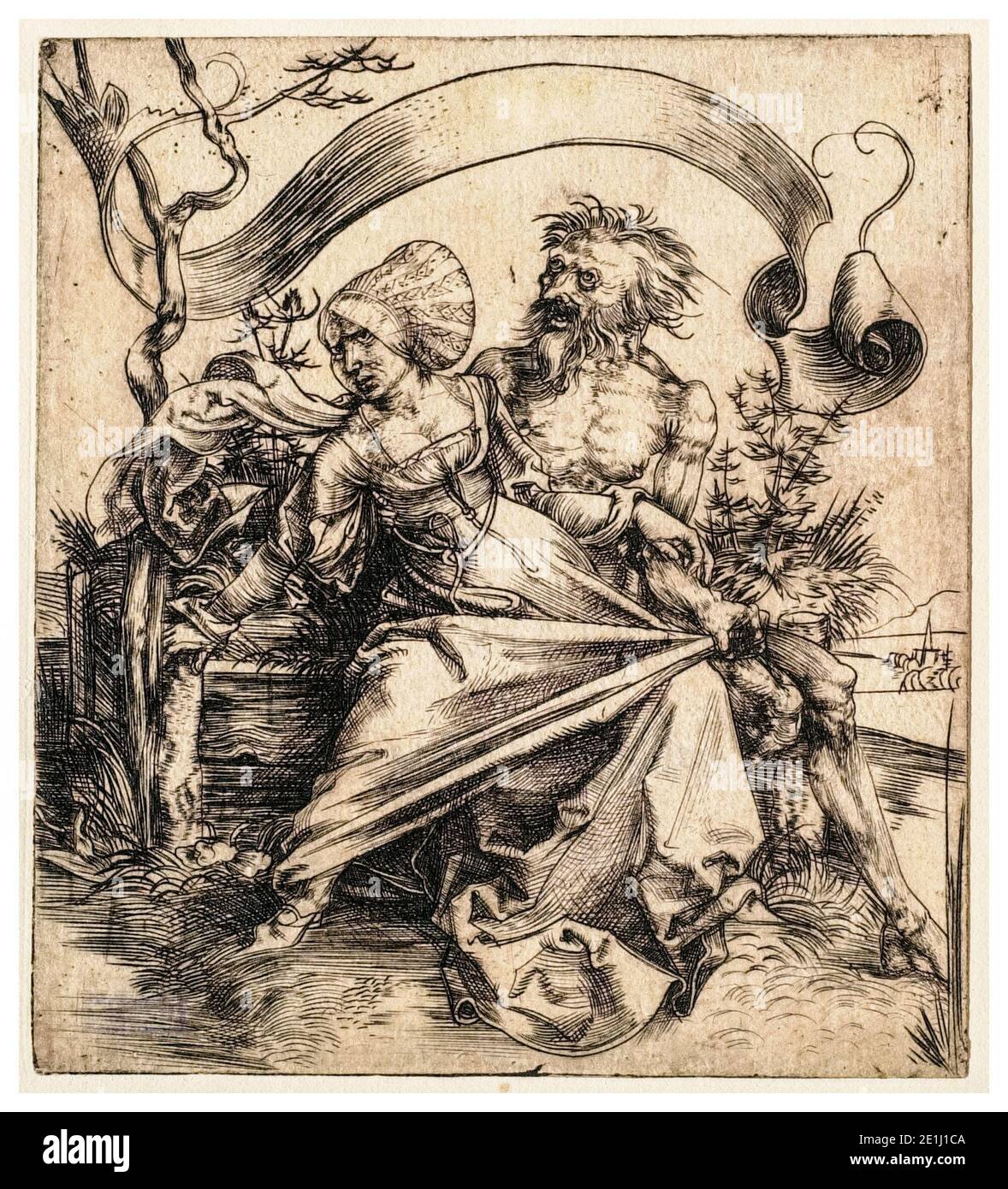 Albrecht Dürer, die Schürferin (junge Frau vom Tod angegriffen), graviert, um 1495 Stockfoto