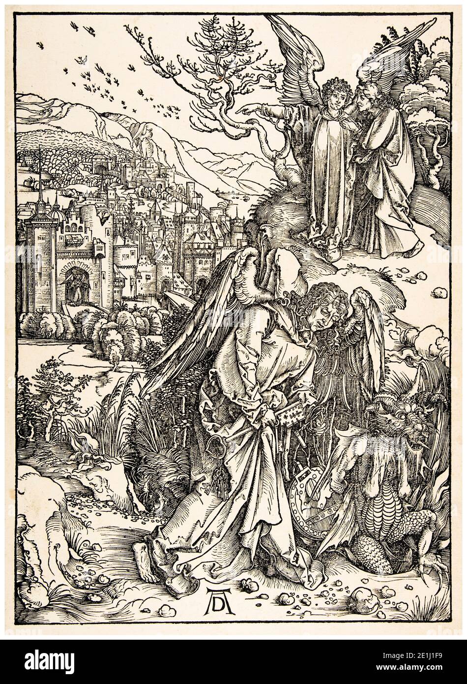 Albrecht Dürer, die Apokalypse: Der Engel mit dem Schlüssel zur bodenlosen Grufe, Holzschnitt, 1498 Stockfoto