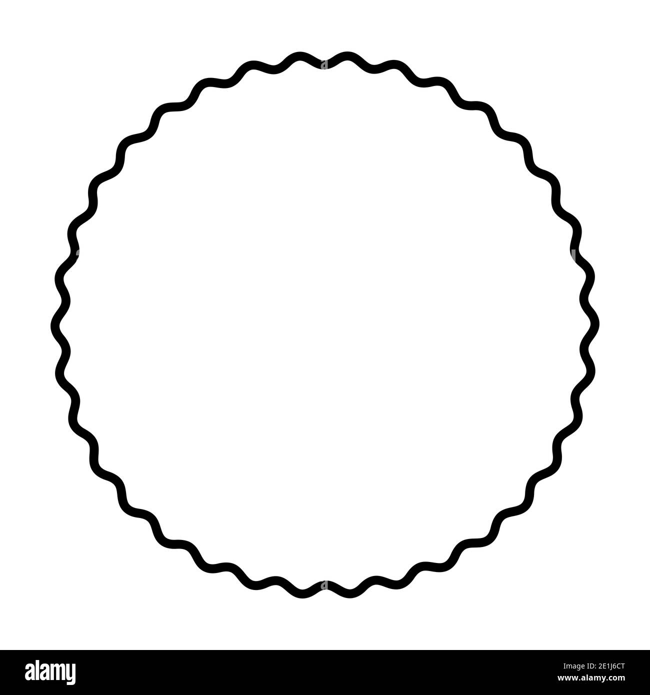 Eine fett gewellte Linie, die einen schwarzen Kreis bildet. Kreisrahmen, hergestellt durch eine schwarze Serpentinenlinie. Schlangenförmiger, runder Rahmen, dekorativer Rahmen. Stockfoto