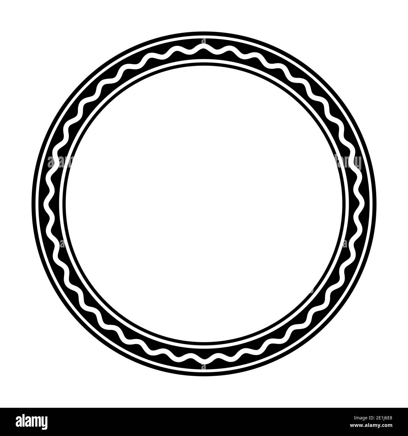 Schwarzer Kreisrahmen mit einer kräftigen weißen Wellenlinie. Kreisrahmen aus drei Kreisen und einer Serpentinenlinie. Ein runder Rahmen und dekorativer Rahmen. Stockfoto