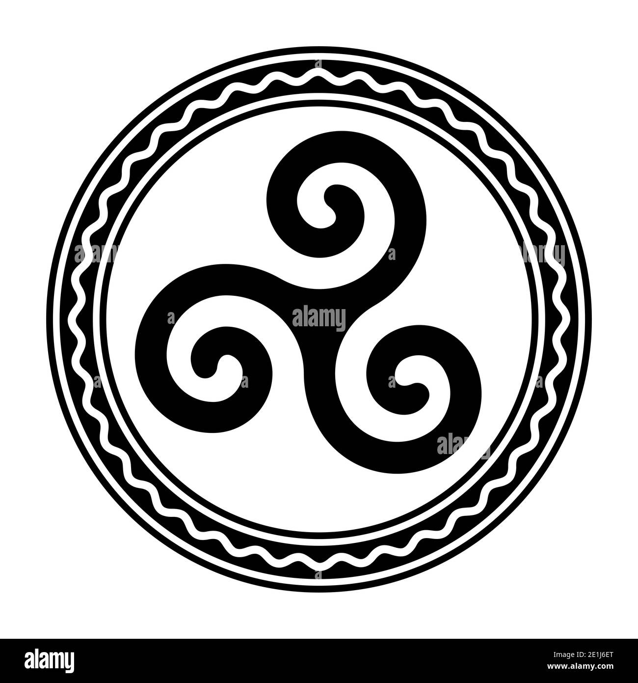 Triskele im Kreisrahmen mit weißer Wellenlinie. Triskelion, altes Symbol und Motiv, bestehend aus dreifacher Spirale, die Rotationssymmetrie. Stockfoto