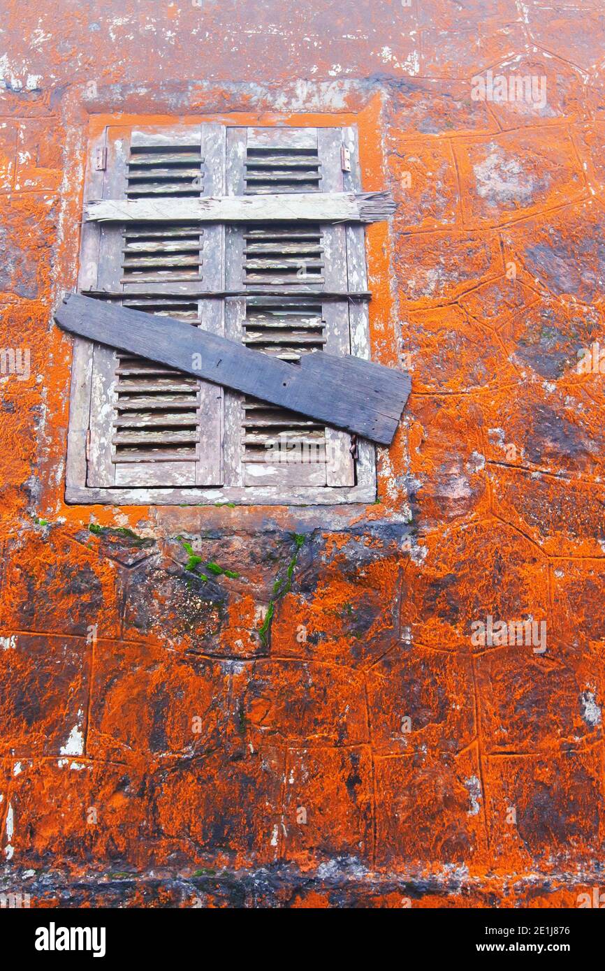 Abstrakte orange Flechte wächst auf alten Steinmauer und Holzfenster des Wat Sampov Tempel, Kambodscha. Selektiver Fokus. Stockfoto