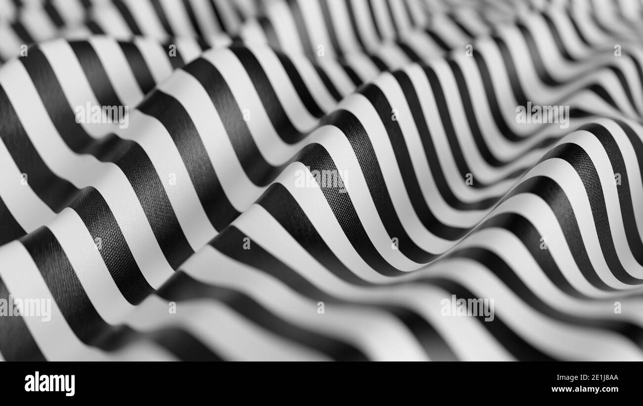 3D schwarz und weiß gestreiften Stoff Hintergrund. Abstrakter Wellenstoff Hintergrund. Schwarz-weiß gewellte Seide. 3D-Illustration, 3D-Rendering. Stockfoto