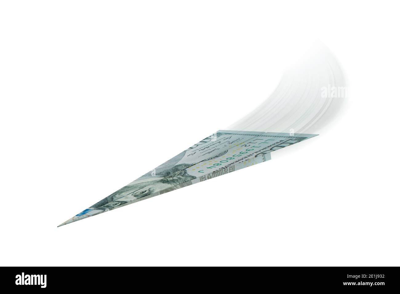 Einhundert Dollar Flugzeug fliegen isoliert auf weißem Hintergrund. 3d-Illustration. Stockfoto