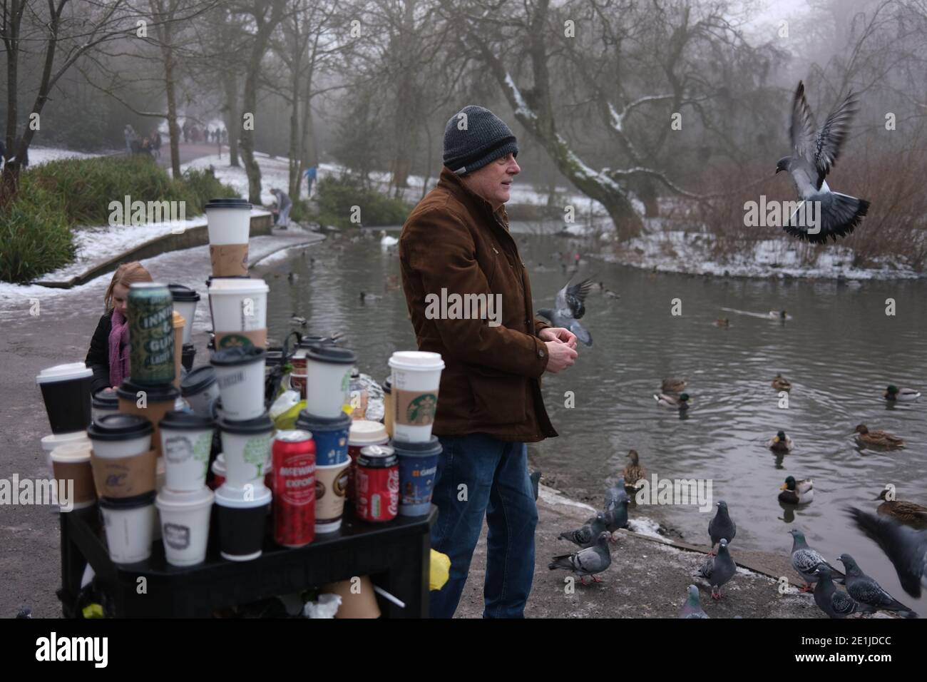 Glasgow, Großbritannien, 7. Januar 2021. Mann, der Tauben füttert, neben Abfalleimer, die mit gebrauchten Einweg-Kaffeetassen überfüllt sind, und Abfall nach einem arbeitsreichen Wochenende im Park, das bei schönem Winterwetter zusammenfällt, im Queen's Park im Süden der Stadt. Foto: Jeremy Sutton-Hibbert/Alamy Live News Stockfoto