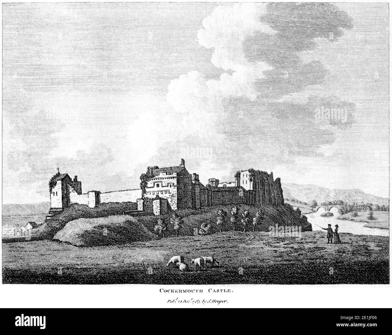 Ein Stich von Cockermouth Castle veröffentlicht am 24. Dezember 1783 gescannt in hoher Auflösung aus einem Buch in den 1780er Jahren veröffentlicht. Dieses Bild wird geglaubt, um Stockfoto