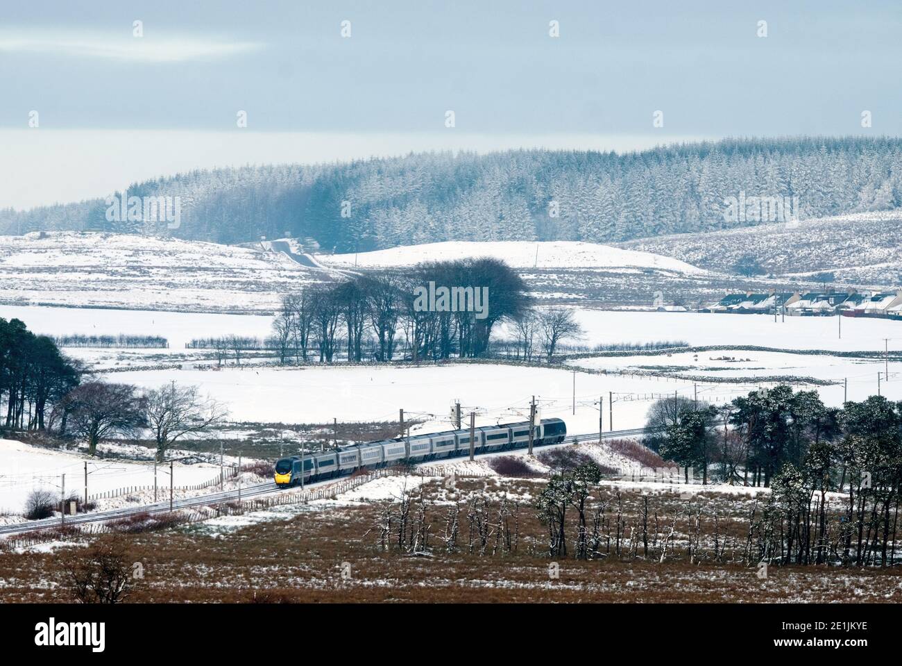 Avanti West Coast Class 390 Penolinos Zug, der durch South Lanarkshire, Schottland, Großbritannien nach Süden fährt. Stockfoto