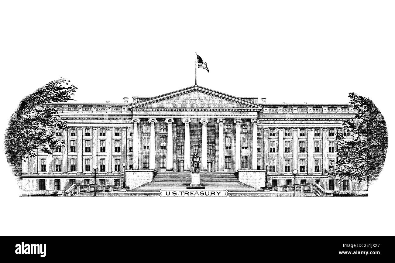 US-Finanzministerium Gebäude geschnitten von 10 Dollar Banknote für Design-Zwecke Stockfoto