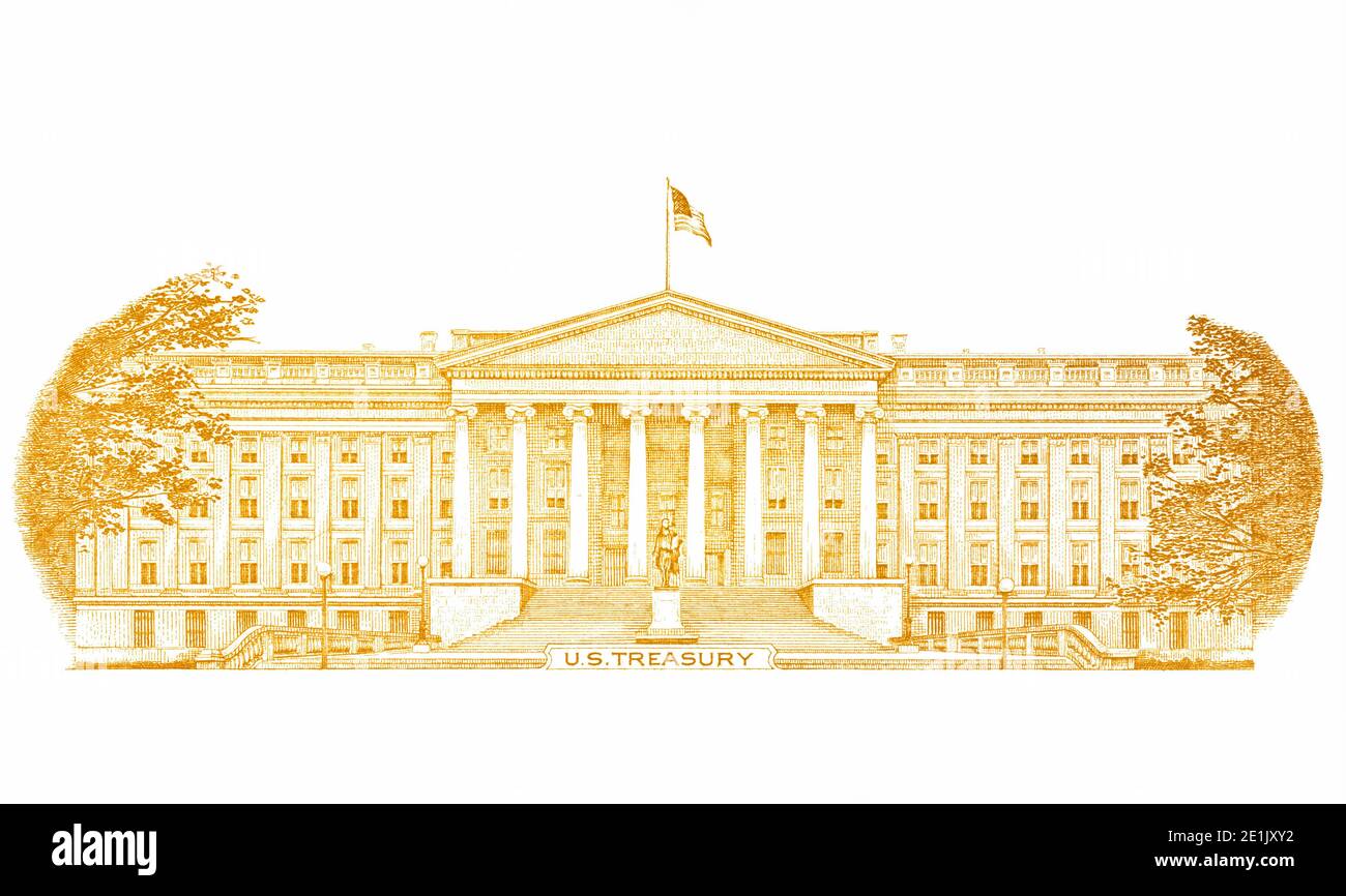 golden texturierte US-Schatzkammer Gebäude geschnitten von 10 Dollar Banknote für Desin Zweck Stockfoto