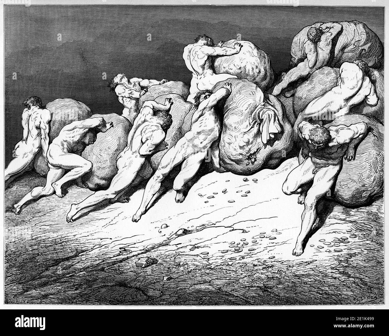 Gustave Dorés Illustration zu Dantes Inferno. Platte XXII: Canto VII: Die Huftierer und Verdammer. 'Denn all das Gold, das unter dem Mond ist, / oder jemals gewesen ist, von diesen müden Seelen / konnte nie einen einzigen in Ruhe bringen' (Longfellow Übersetzung) 'nicht alles Gold, das unter dem Mond ist / oder jemals gewesen ist, Oder diese toil-getragenen Seelen / könnte jemals kaufen Ruhe für einen' (Cary's Übersetzung) Datum ursprünglich 1857 Dantes Inferno aus dem Original von Dante Alighieri und illustriert mit den Entwürfen von M. Gustave Dore Stockfoto