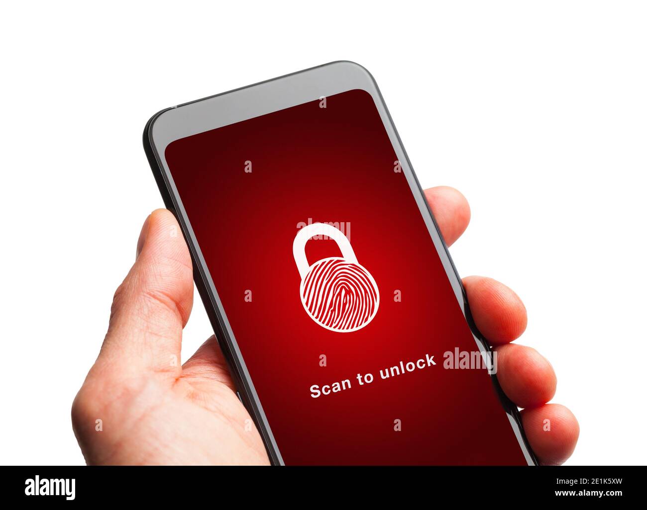 Smartphone mit Handgriff und Fingerabdruck-Scan zum Entsperren. Stockfoto