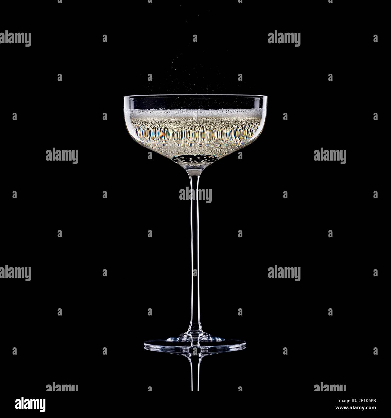 Champagner oder Prosecco in großgestieltem Champagner-Coupé auf Schwarz Hintergrund Stockfoto