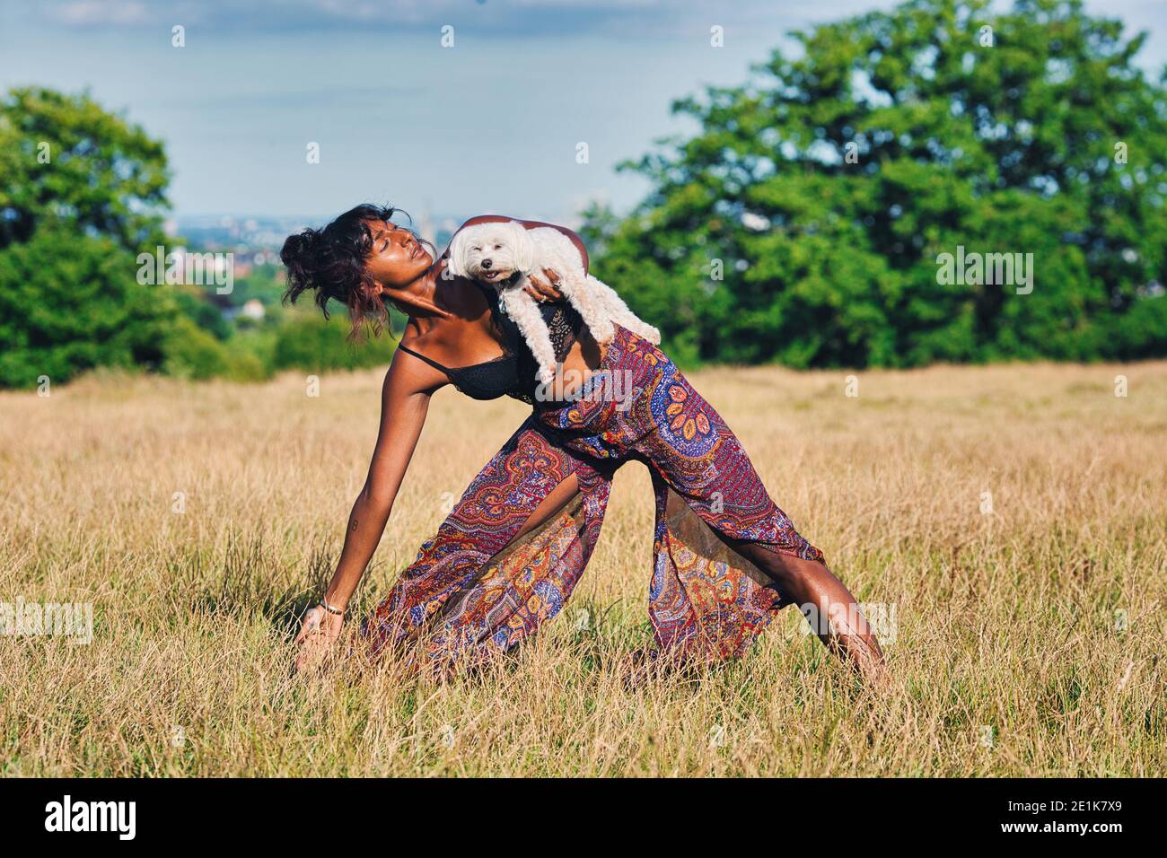 Frau, die Yoga mit ihrem Hund .Doga Yoga mit Ihrem Hund. Stockfoto