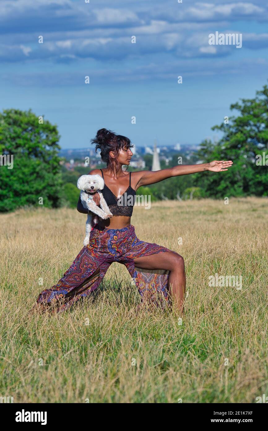 Frau, die Yoga mit ihrem Hund .Doga Yoga mit Ihrem Hund. Stockfoto