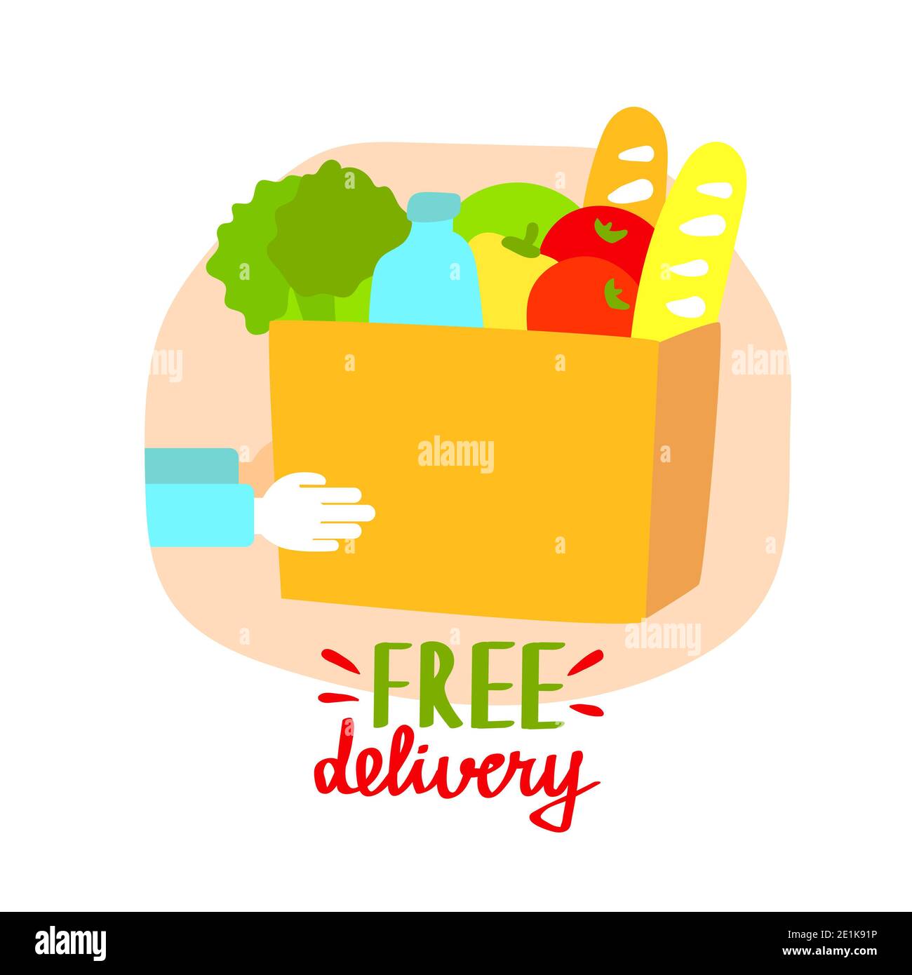 Vektor flache Illustration von Lebensmittelgeschäft einkaufen Banner, kostenlose Lieferung mit verschiedenen Waren. Stockfoto