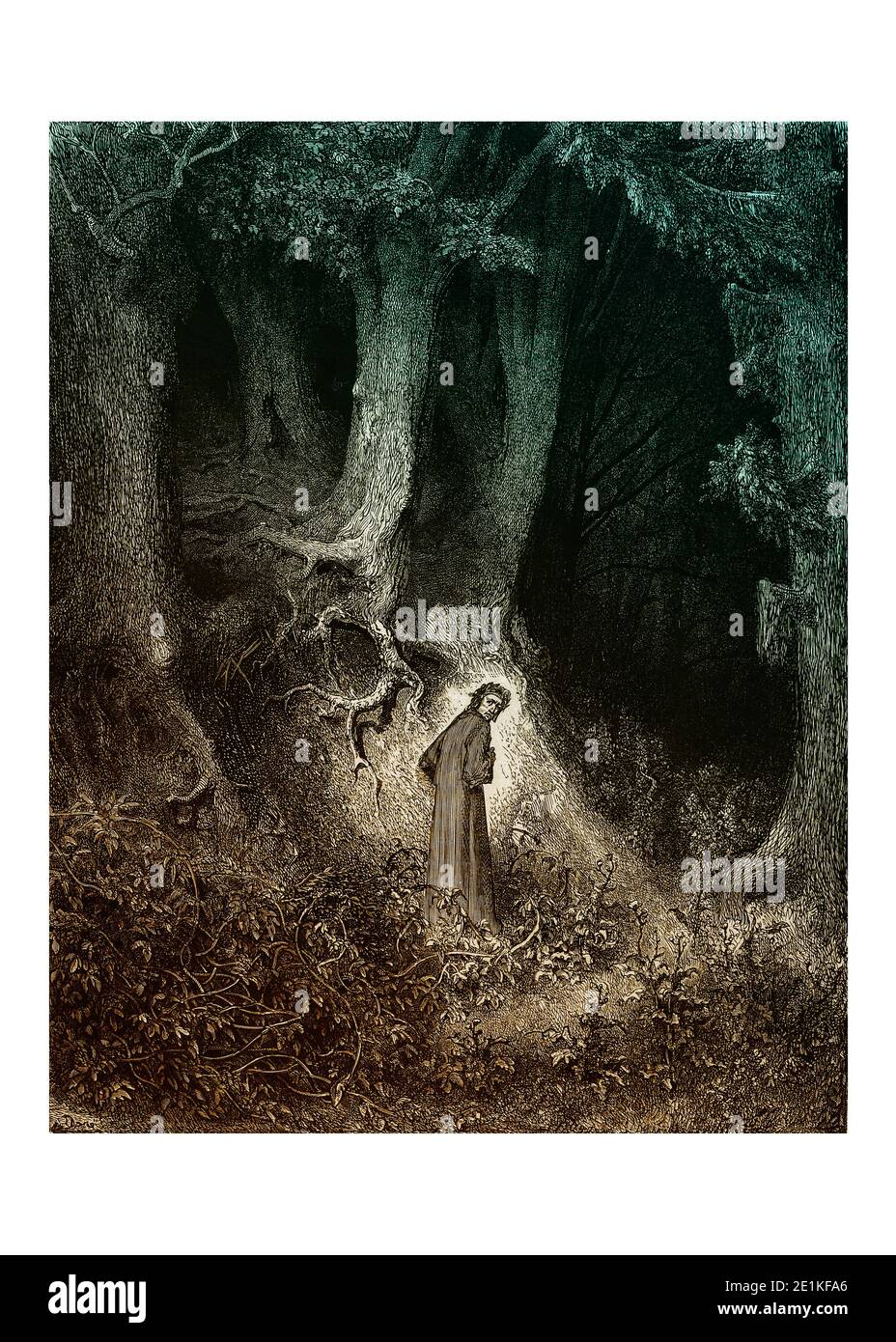Gustave Dorés Illustration zu Dantes Inferno. Platte I: Canto I, Eröffnungslinien Datum ursprünglich 1857 Quelle Dantes Göttliche Komödie: Hölle - Fegefeuer - Paradies. Illustrationen von Gustave Doré, original in s/w, Farbe digital hinzugefügt Zitat unter Illustration: Auf der Mitte der Reise unseres Lebens / Ich befand mich in einem Wald dunkel / denn der einfache Weg war verloren. Stockfoto