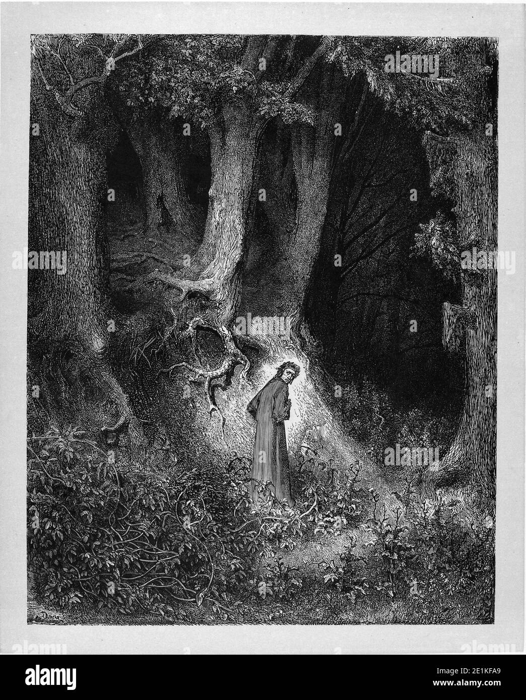 Gustave Dorés Illustration zu Dantes Inferno. Platte I: Canto I, Eröffnungslinien Datum ursprünglich 1857 Quelle Dantes Göttliche Komödie: Hölle - Fegefeuer - Paradies. Illustrationen von Gustave Doré, Zitat unter Illustration: Auf der Mitte der Reise unseres Lebens / Ich befand mich in einem Wald dunkel / denn der einfache Weg war verloren. Stockfoto