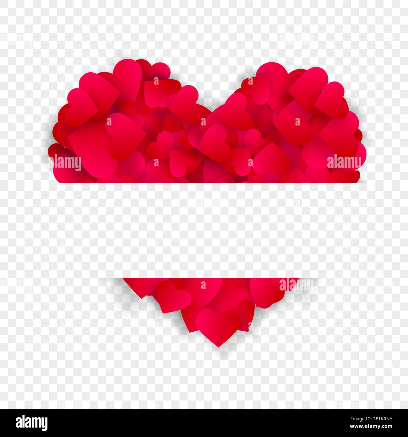 Herz Rahmen Vektor Liebe Grenze Hintergrund mit großen roten Herzen aus Konfetti oder Blütenblätter mit horizontalen Kopierraum isoliert auf transparentem Hintergrund. Stockfoto