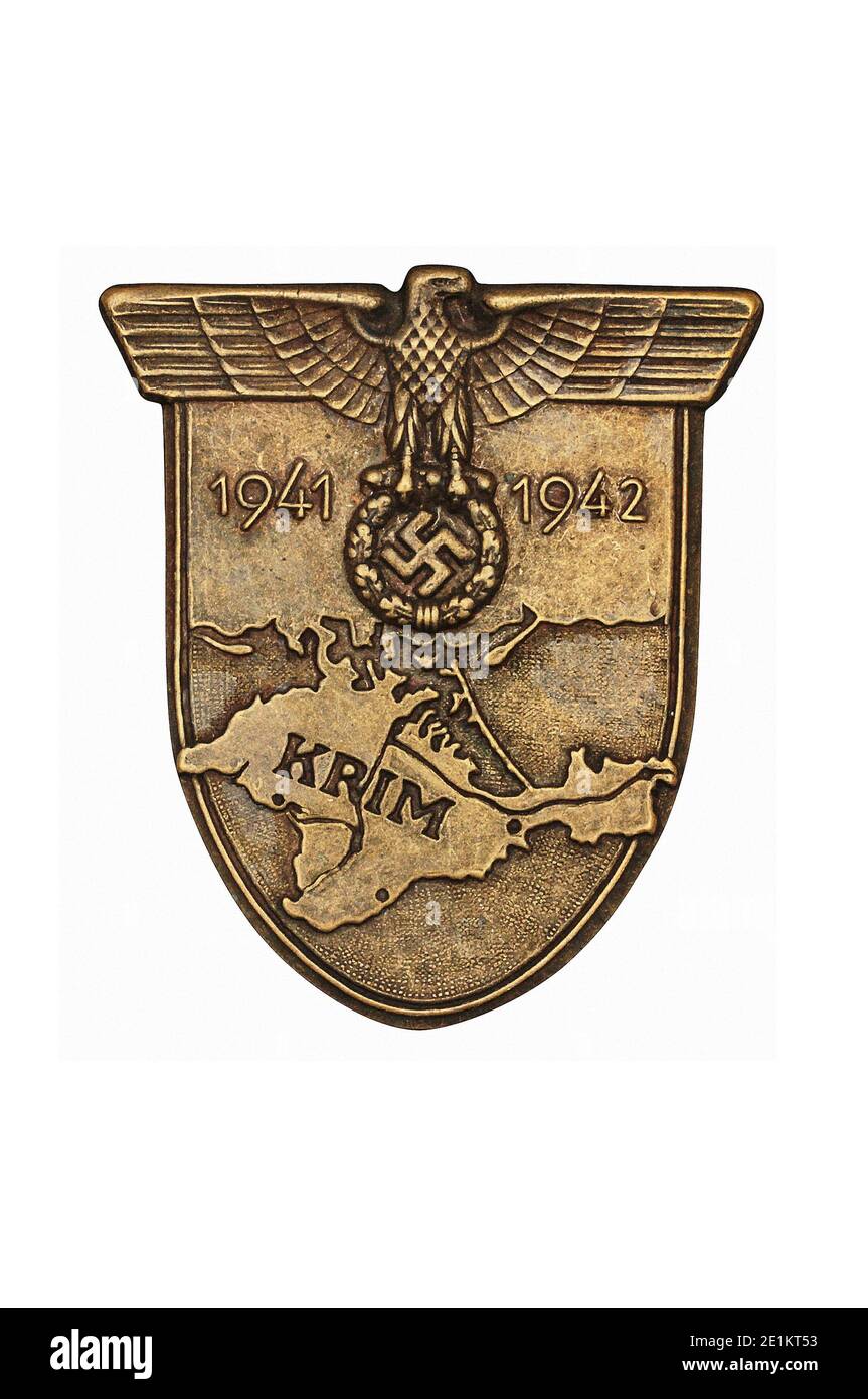 Das Krimschild war ein deutscher Kriegsschmuck aus dem Zweiten Weltkrieg. Es wurde dem Militärpersonal unter dem Kommando des Feldes verliehen Stockfoto