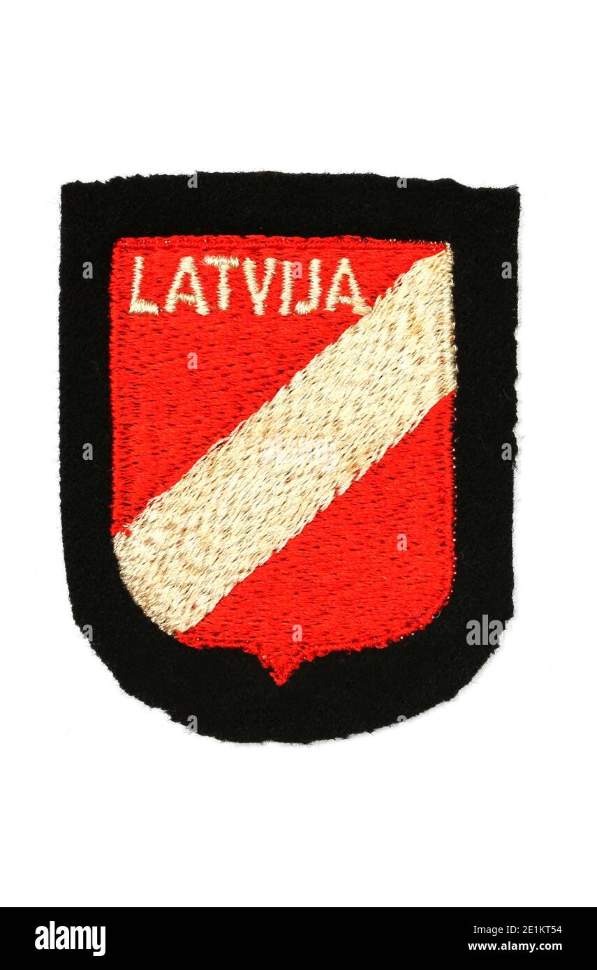 Eine deutsche Lettland ausländischen Freiwilligen Schild Patch. Ein WWII Deutsch Lettland Legionairres Foreign Volunteer Uniform Ärmel bestickt Schild Patch. Stockfoto