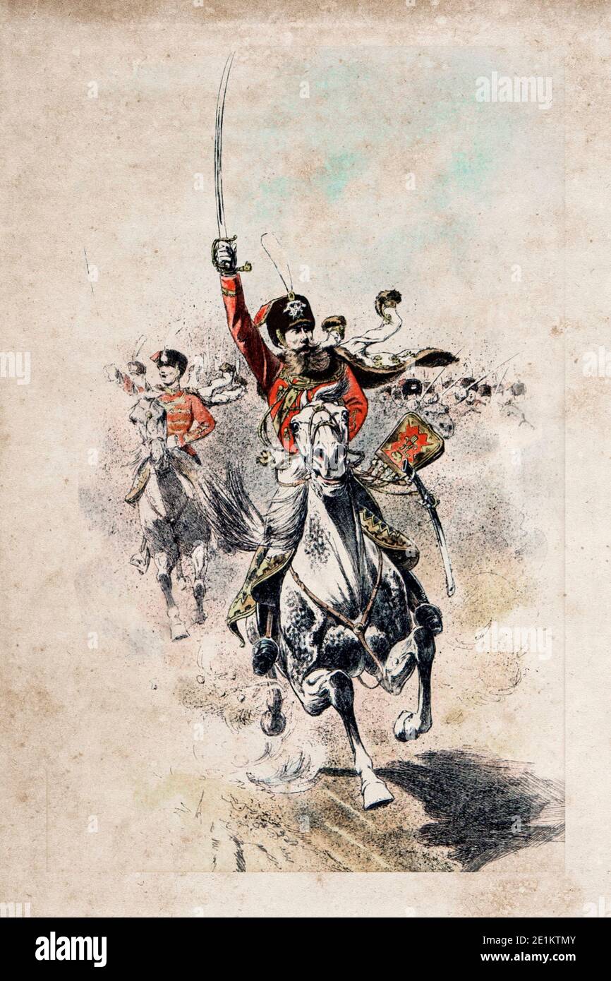 Das 19. Jahrhundert farbige Lithographie Darstellung Russische Husaren Offiziere geladen. Stockfoto