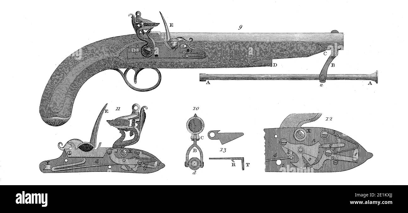 Baker's Improved Pistol Kupferstich aus der Encyclopaedia Londinensis oder, Universal Wörterbuch der Künste, Wissenschaften und Literatur; Band XX; herausgegeben von Wilkes, John. Veröffentlicht 1825 in London Stockfoto