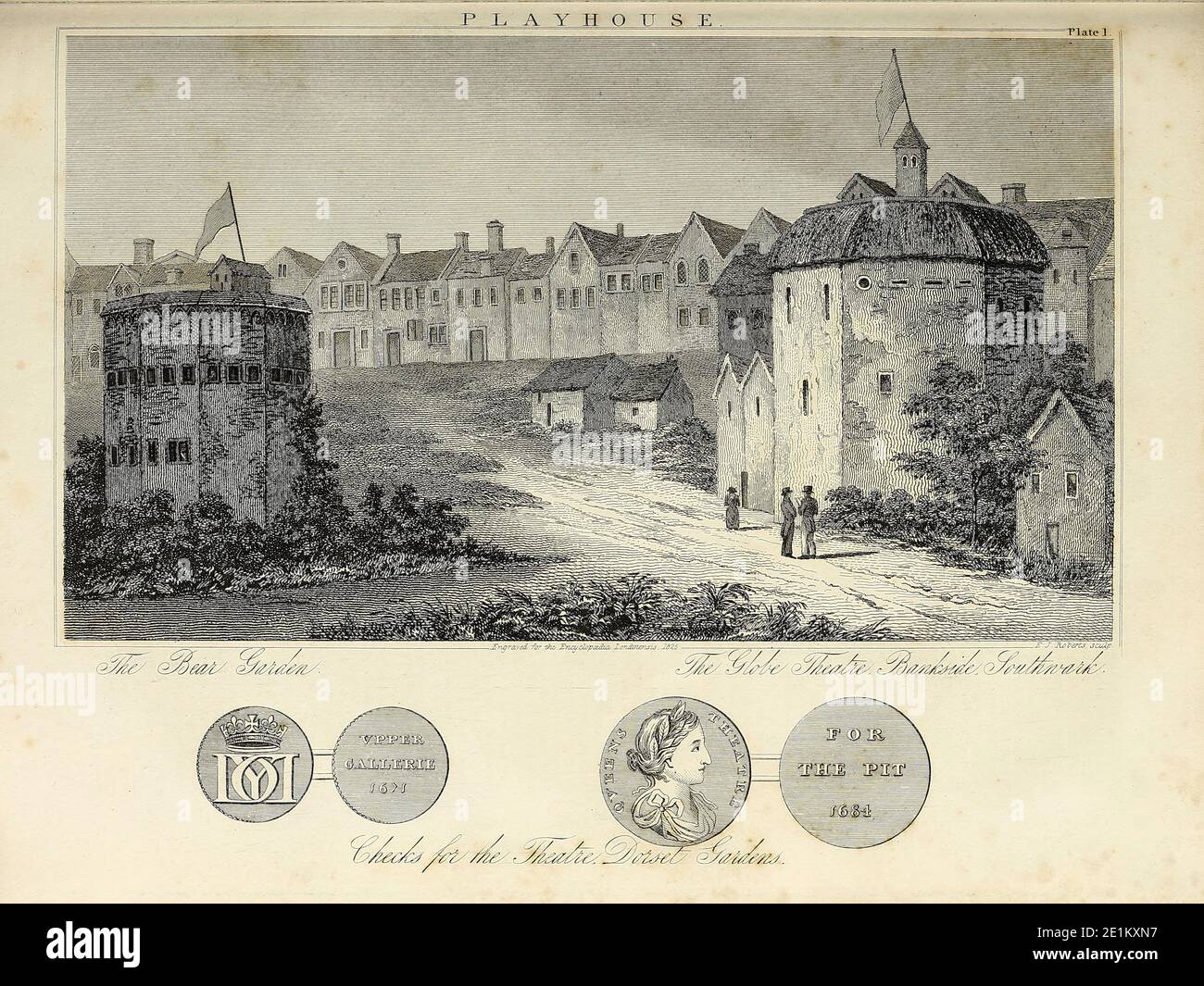 Playhouse Theatre Dorset Gardens Kupferstich aus der Encyclopedia Londinensis oder, Universal Wörterbuch der Künste, Wissenschaften und Literatur; Band XX; herausgegeben von Wilkes, John. Veröffentlicht 1825 in London Stockfoto