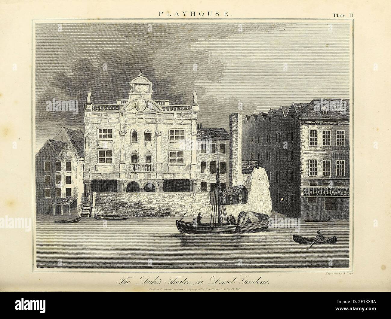 The Dukes Theatre in Dorset Gardens Kupferstich aus der Encyclopedia Londinensis OR, Universal Dictionary of Arts, Sciences, and literature; Band XX; herausgegeben von Wilkes, John. Veröffentlicht 1825 in London Stockfoto