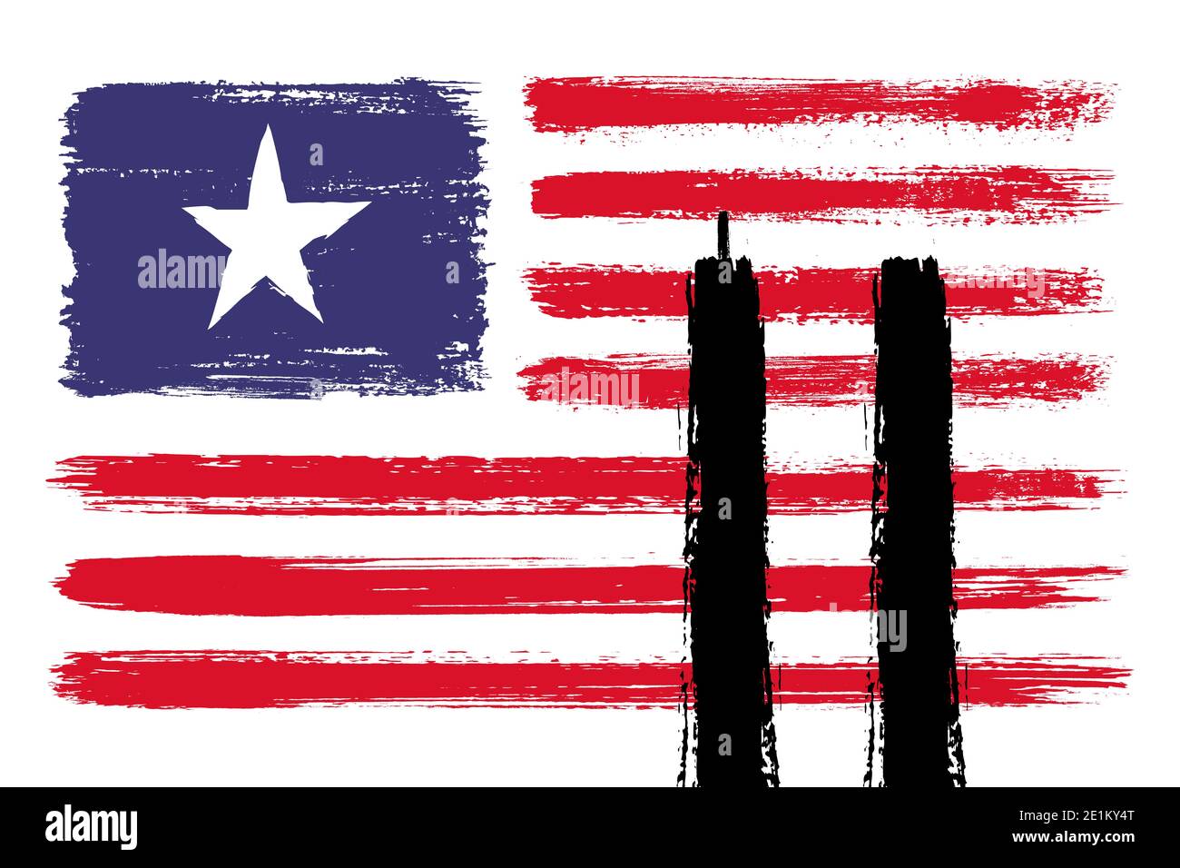 September 11, Patriot Day, Remember 9 11. Illustration der USA oder amerikanischen Flagge mit den Zwillingstürmen. Erinnern. Wir werden uns immer daran erinnern Stockfoto