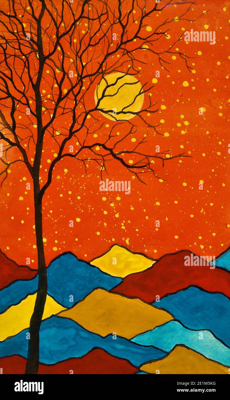 Abstrakte Gouache Malerei. Orangefarbener Sternenhimmel und farbenfrohe Berge. Stockfoto