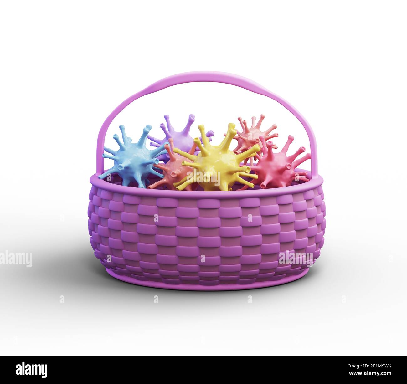 Gefärbtes Coronavirus statt Eier liegt in einem Osterkorb. Coronavirus, Krankheit, Isolation, Fernarbeit und Studie. Feier Ostern abgesagt. 3 Stockfoto