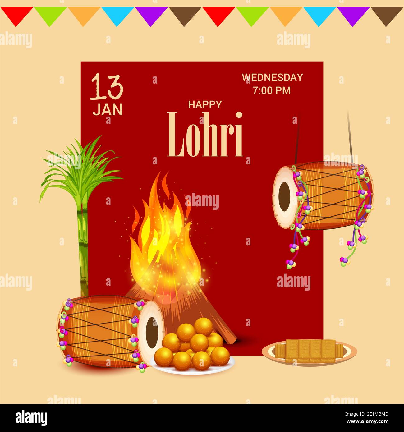 Vector Illustration eines Hintergrund für Happy Lohri urlaub Vorlage für Punjabi Festival. Stockfoto