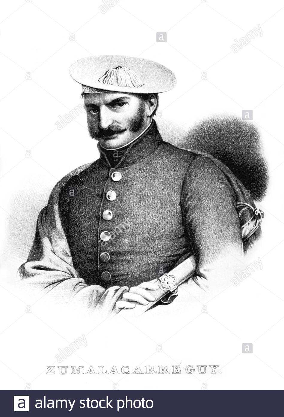 Tomás de Zumalacárregui e Imaz Portrait, 1788 – 1835, war ein spanischer baskischer Offizier, der während des ersten Carlistenkrieges als Hauptmann der Armee die Carlistenfraktion anführte, Vintage Illustration von 1835 Stockfoto