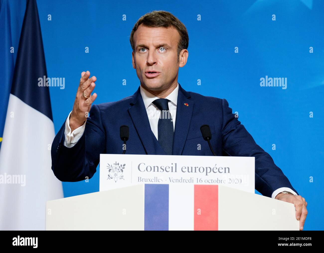 Belgien, Brüssel, 16. Oktober 2020: Der französische Präsident Emmanuel Macron bei einer Pressekonferenz anlässlich der Sondertagung des Europäischen Rates berichten Stockfoto