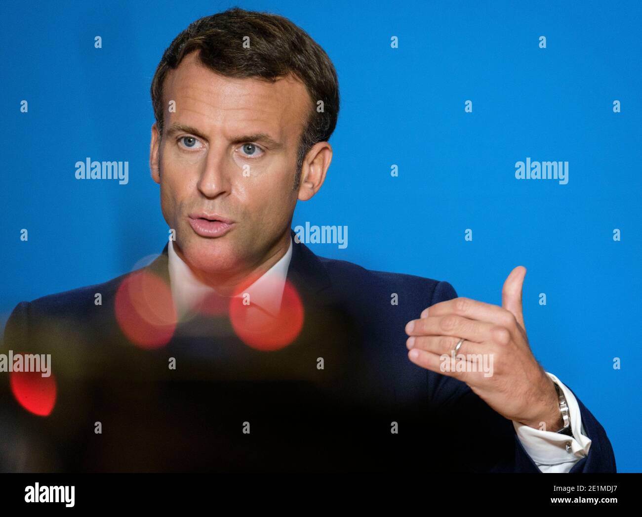 Belgien, Brüssel, 16. Oktober 2020: Der französische Präsident Emmanuel Macron bei einer Pressekonferenz anlässlich der Sondertagung des Europäischen Rates berichten Stockfoto
